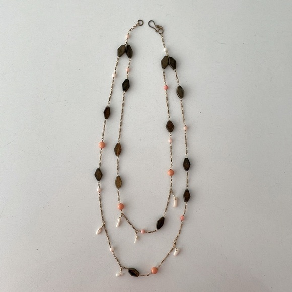 Double Strand Peach Coral & Wood Bead Chain Necklace - Picture 3 of 7
